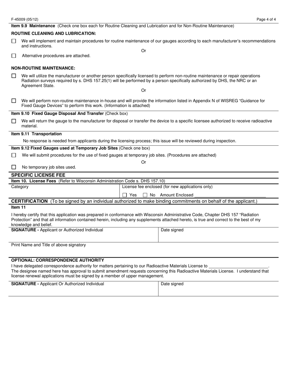 Form F-45009 Application for Radioactive Material License Authorizing the Use of Sealed Sources in Fixed Gauge Devices - Wisconsin, Page 4