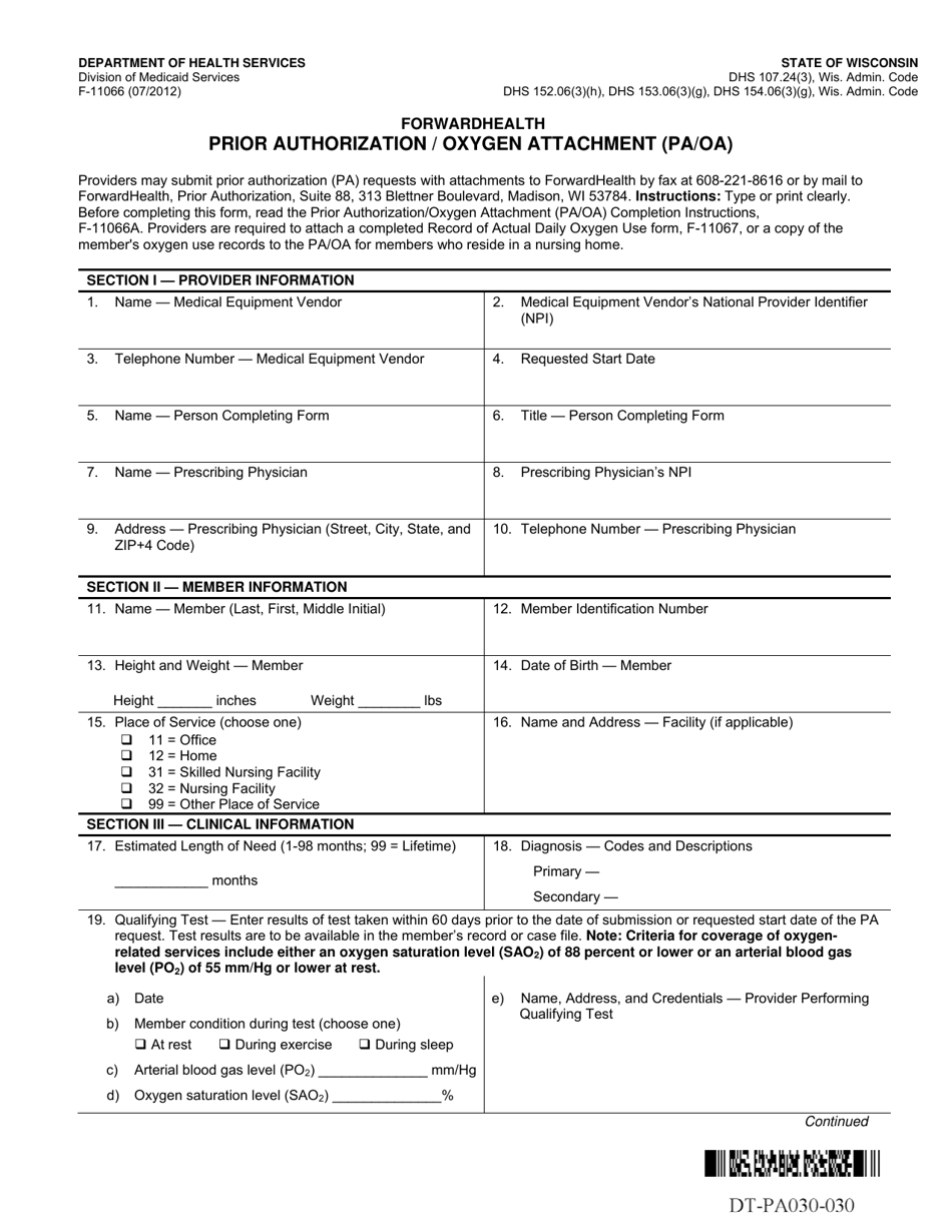 Form F-11066 Prior Authorization / Oxygen Attachment (Pa / OA) - Wisconsin, Page 1
