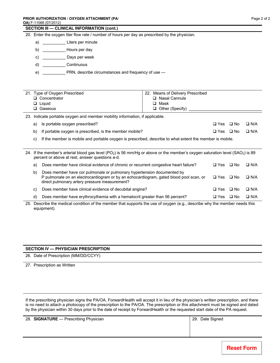 Form F-11066 Prior Authorization / Oxygen Attachment (Pa / OA) - Wisconsin, Page 2