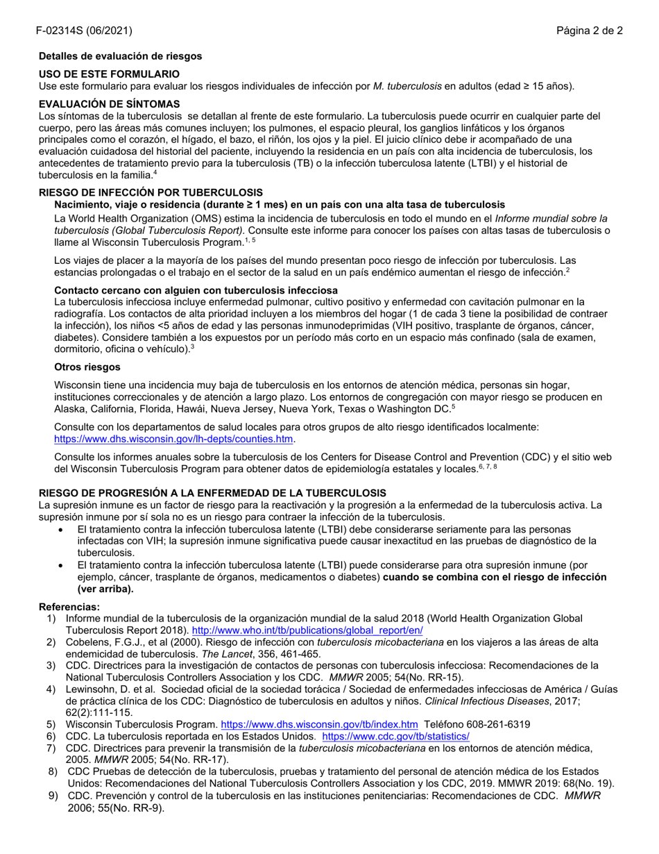 Formulario F-02314 Evaluacion De Riesgosy Evaluacion De Sintomasde La Tuberculosis (Tb) En Wisconsin - Wisconsin (Spanish), Page 2