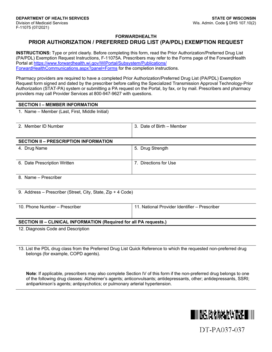 Form F-11075 Prior Authorization / Preferred Drug List (Pa / Pdl) Exemption Request - Wisconsin, Page 1