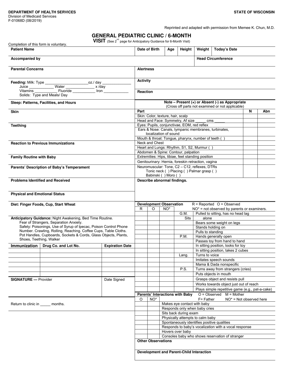 Form F-01068D General Pediatric Clinic - 6 Month Visit - Wisconsin, Page 1