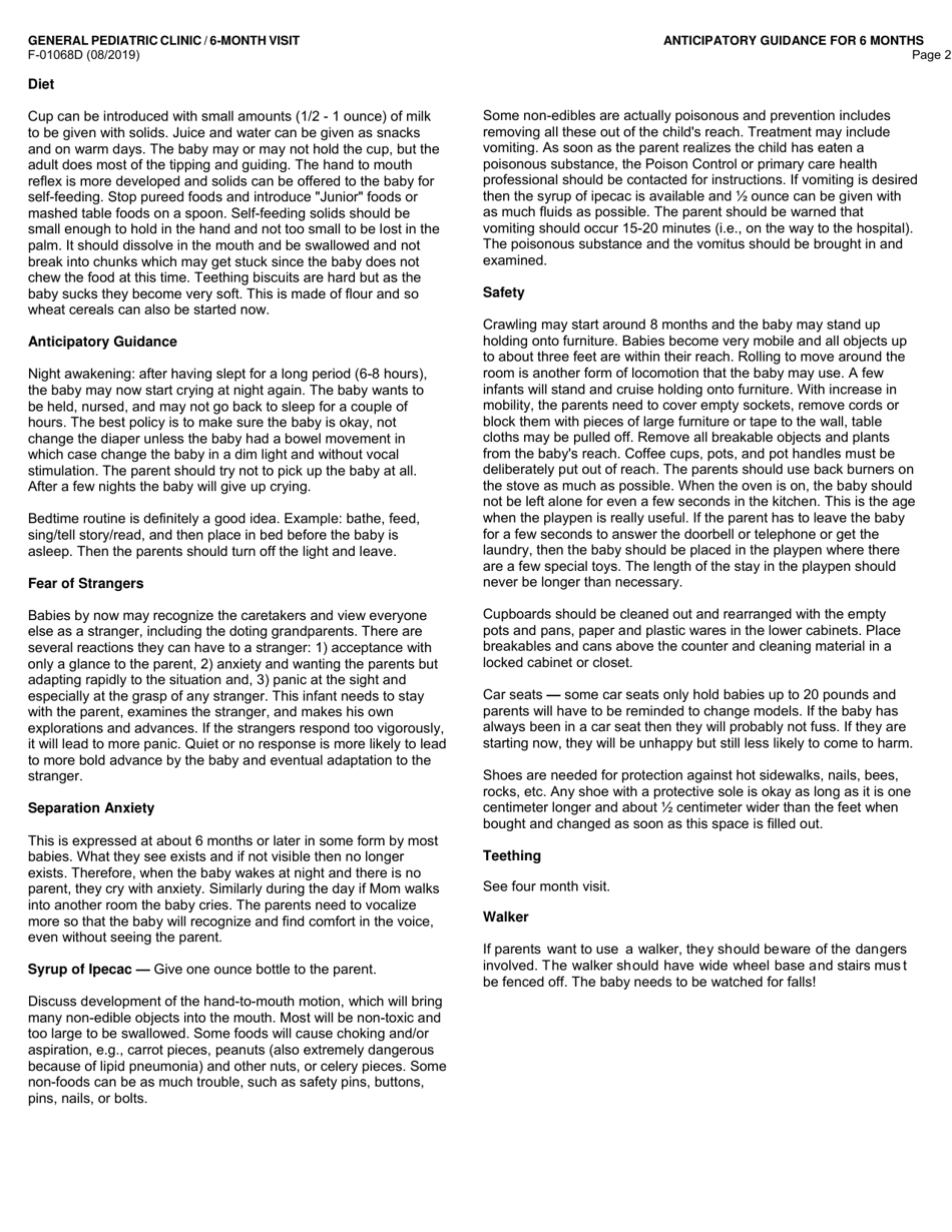 Form F-01068D General Pediatric Clinic - 6 Month Visit - Wisconsin, Page 2