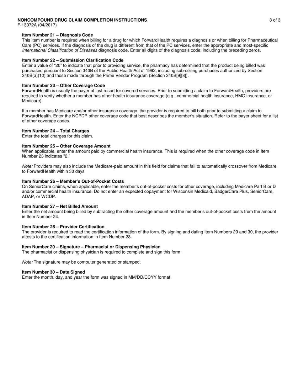 Instructions for Form F-13072 Noncompound Drug Claim - Wisconsin, Page 3