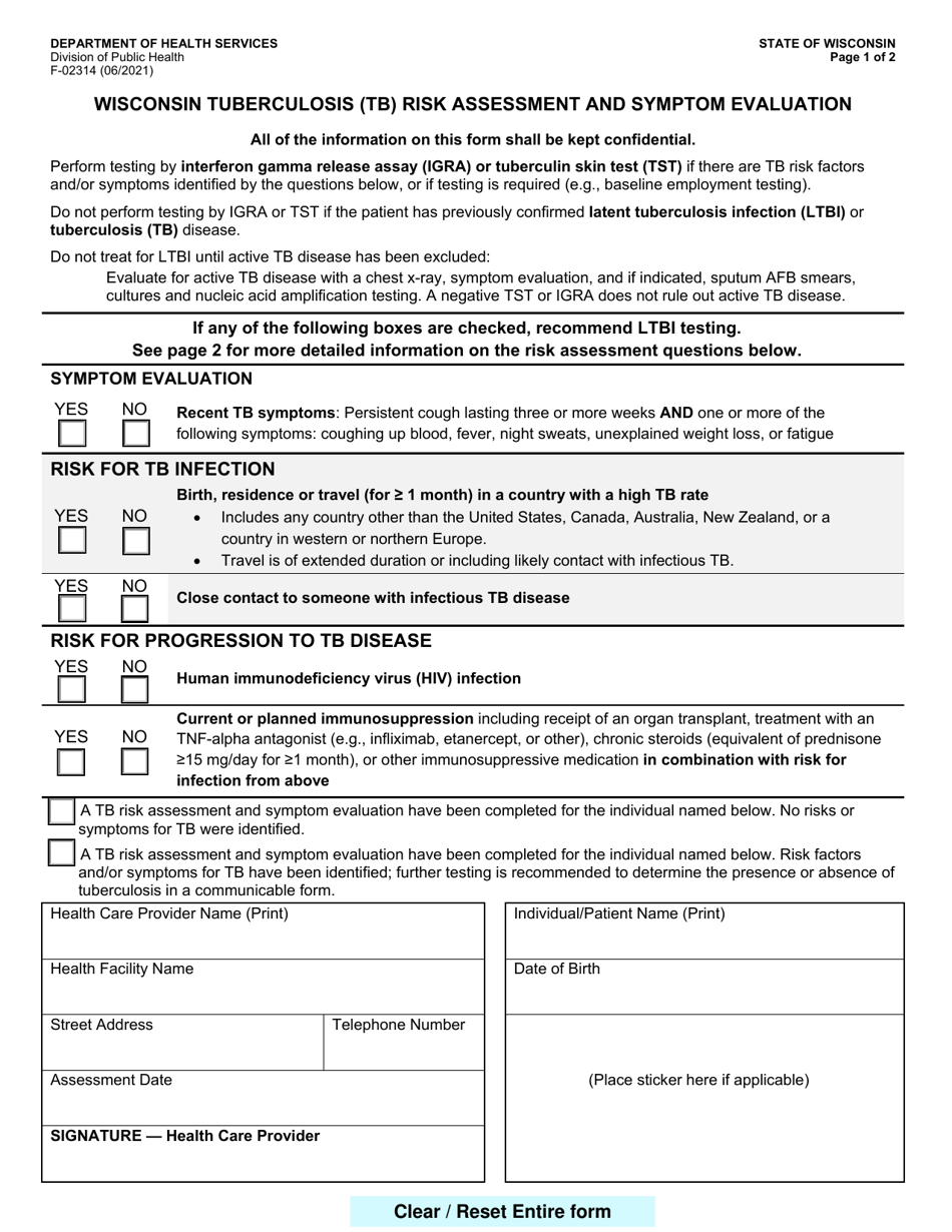 Form F-02314 Wisconsin Tuberculosis (Tb) Risk Assessment and Symptom Evaluation - Wisconsin, Page 1