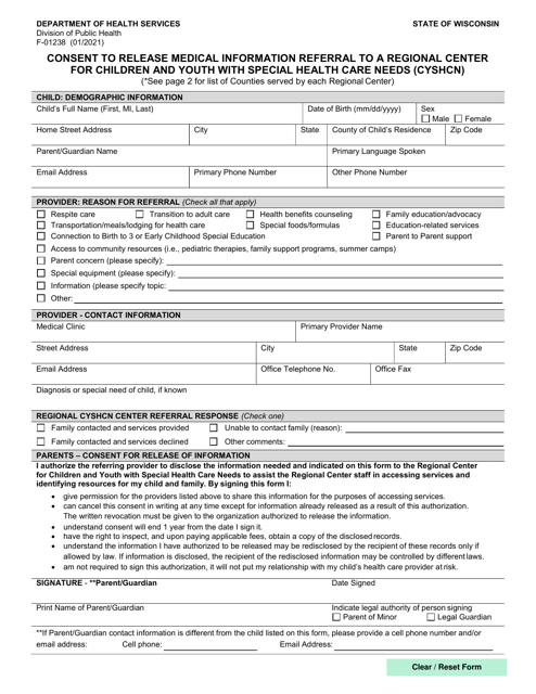 Form F-01238 Consent to Release Medical Information Referral to a Regional Center for Children and Youth With Special Health Care Needs (Cyshcn) - Wisconsin