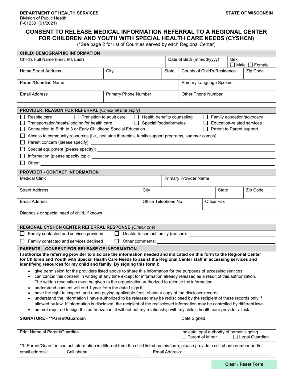 Form F-01238 Consent to Release Medical Information Referral to a Regional Center for Children and Youth With Special Health Care Needs (Cyshcn) - Wisconsin, Page 1