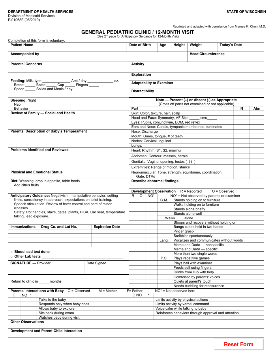Form F-01068F General Pediatric Clinic / 12-month Visit - Wisconsin, Page 1