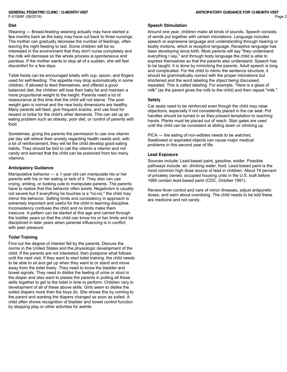 Form F-01068F General Pediatric Clinic / 12-month Visit - Wisconsin, Page 2