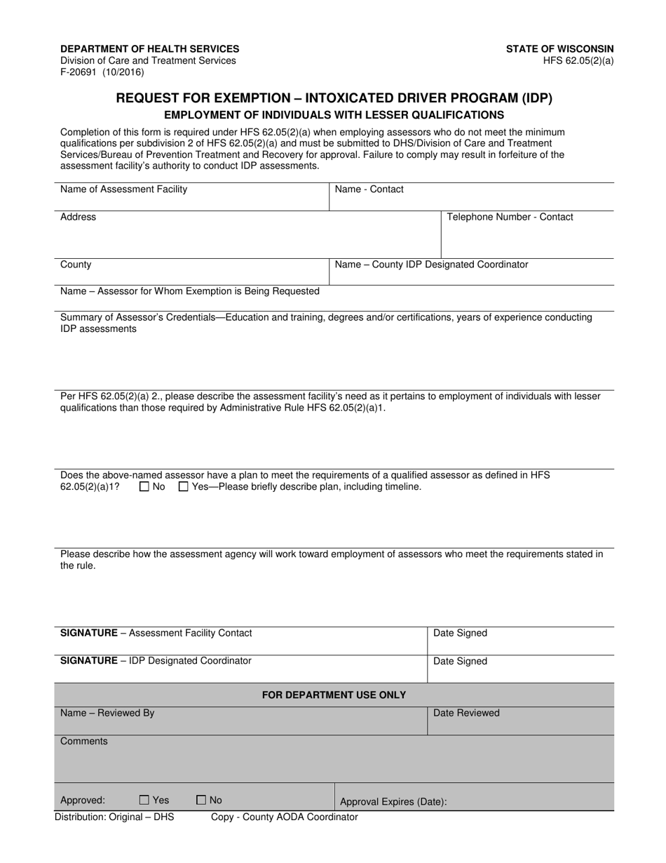 Form F-20691 Request for Exemption - Intoxicated Driver Program (Idp) - Employment of Individuals With Lesser Qualifications - Wisconsin, Page 1