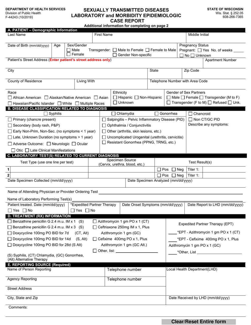 Form F-44243 Sexually Transmitted Diseases Laboratory and Morbidity Epidemiologic Case Report - Wisconsin, Page 1