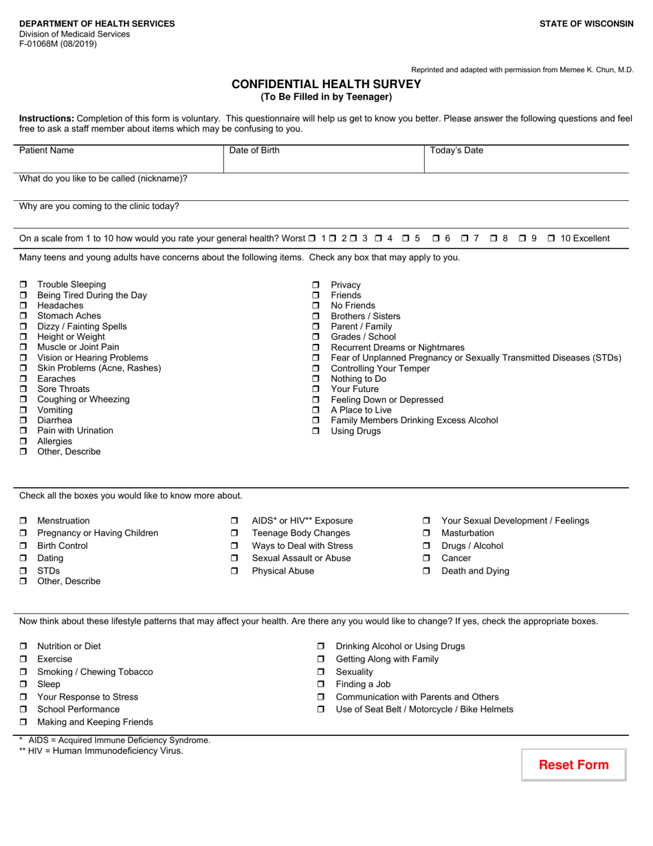 Form F-01068M Confidential Health Survey - Wisconsin, Page 1