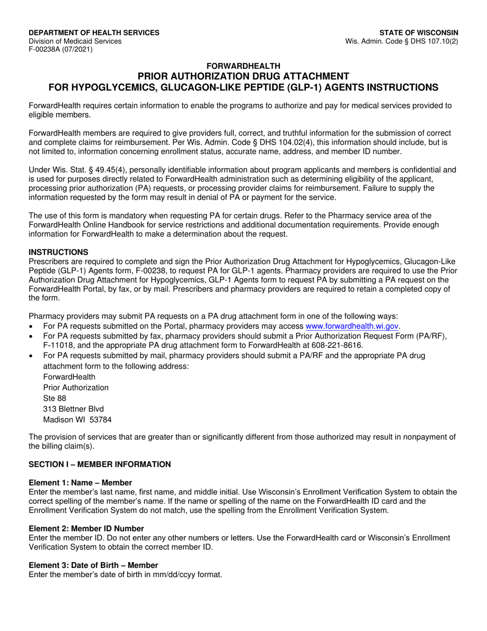 Instructions for Form F-00238 Prior Authorization Drug Attachment for Hypoglycemics, Glucagon-like Peptide (Glp-1) Agents - Wisconsin, Page 1