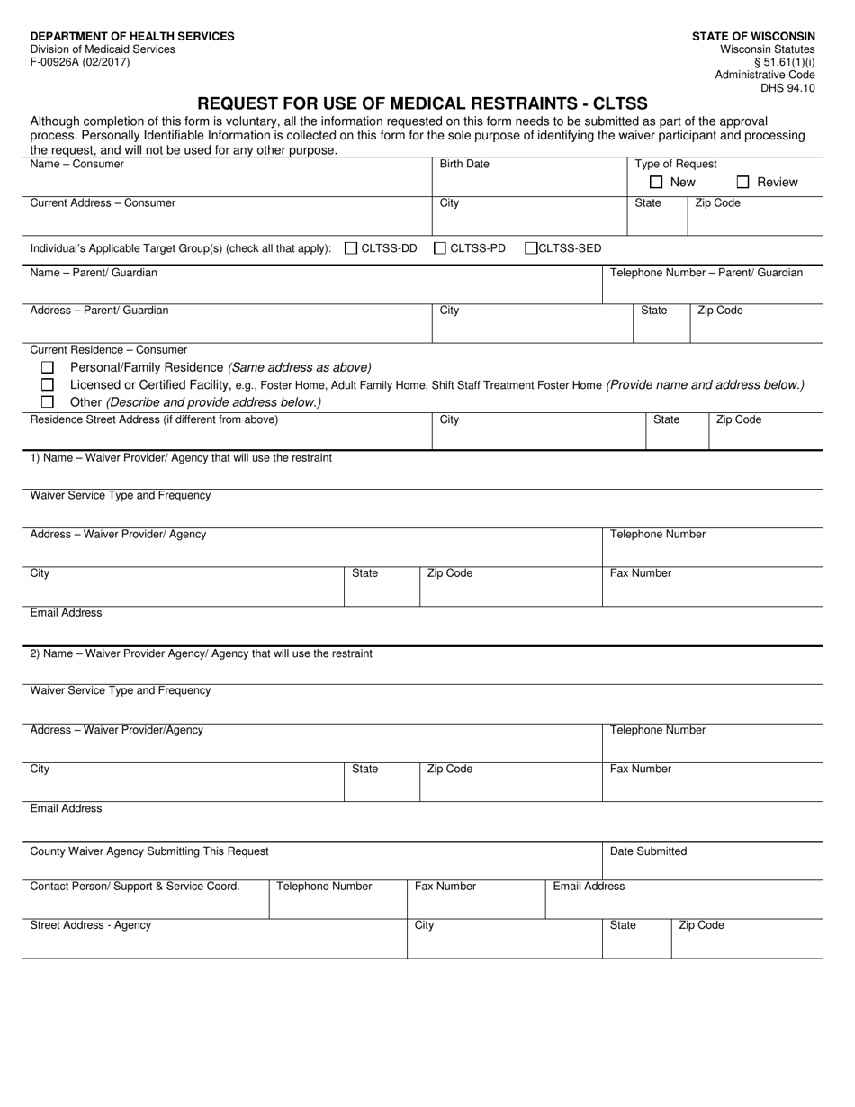 Form F-00926A Request for Use of Medical Restraints - Cltss - Wisconsin, Page 1