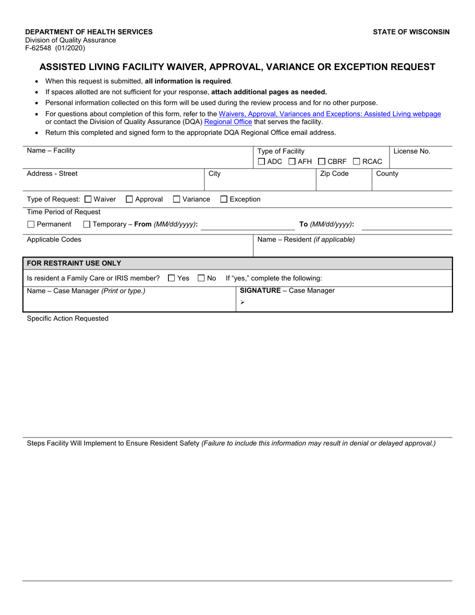 Form F-62548 Assisted Living Facility Waiver, Approval, Variance or Exception Request - Wisconsin, Page 1