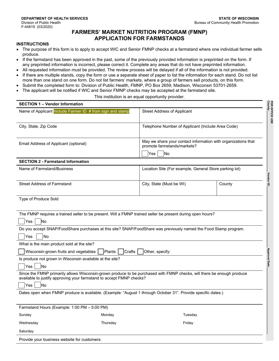 Form F-44819 Application for Farmstands - Farmers Market Nutrition Program (Fmnp) - Wisconsin, Page 1