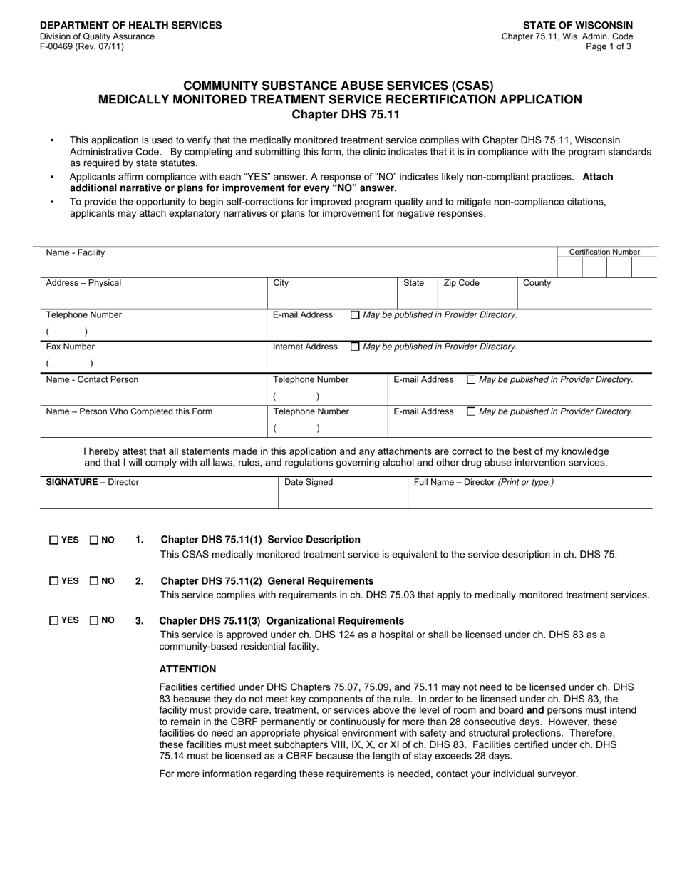 Form F-00469 Community Substance Abuse Services (Csas) Medically Monitored Treatment Service Recertification Application - Wisconsin, Page 1