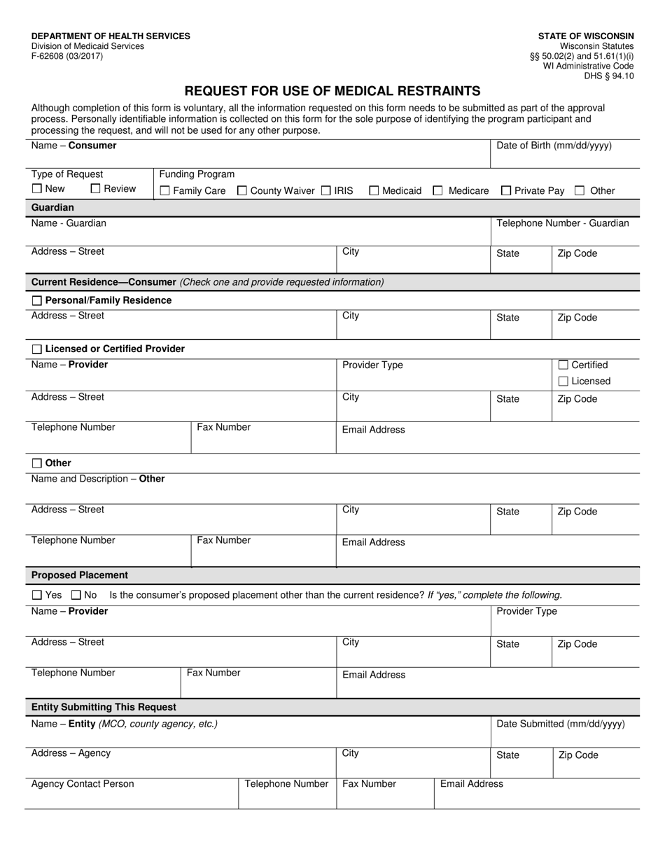 Form F-62608 Request for Use of Medical Restraints - Wisconsin, Page 1