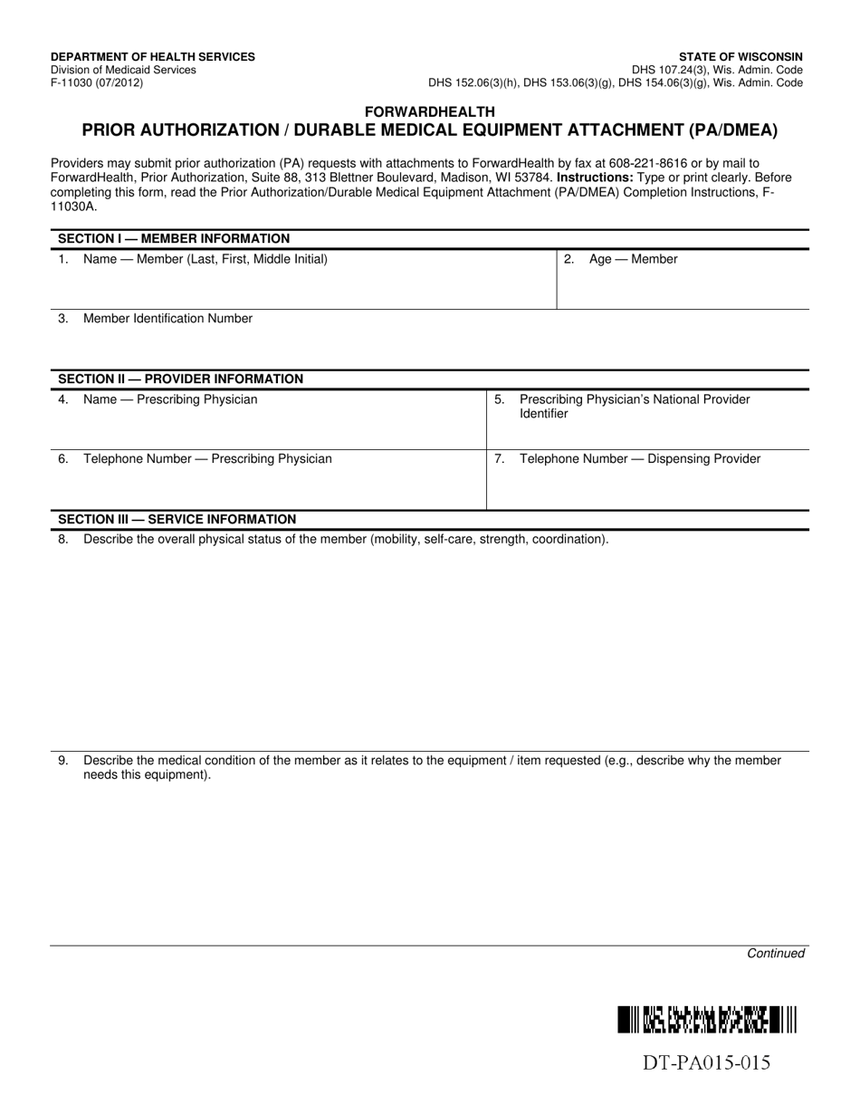 Form F-11030 Prior Authorization / Durable Medical Equipment Attachment (Pa / Dmea) - Wisconsin, Page 1