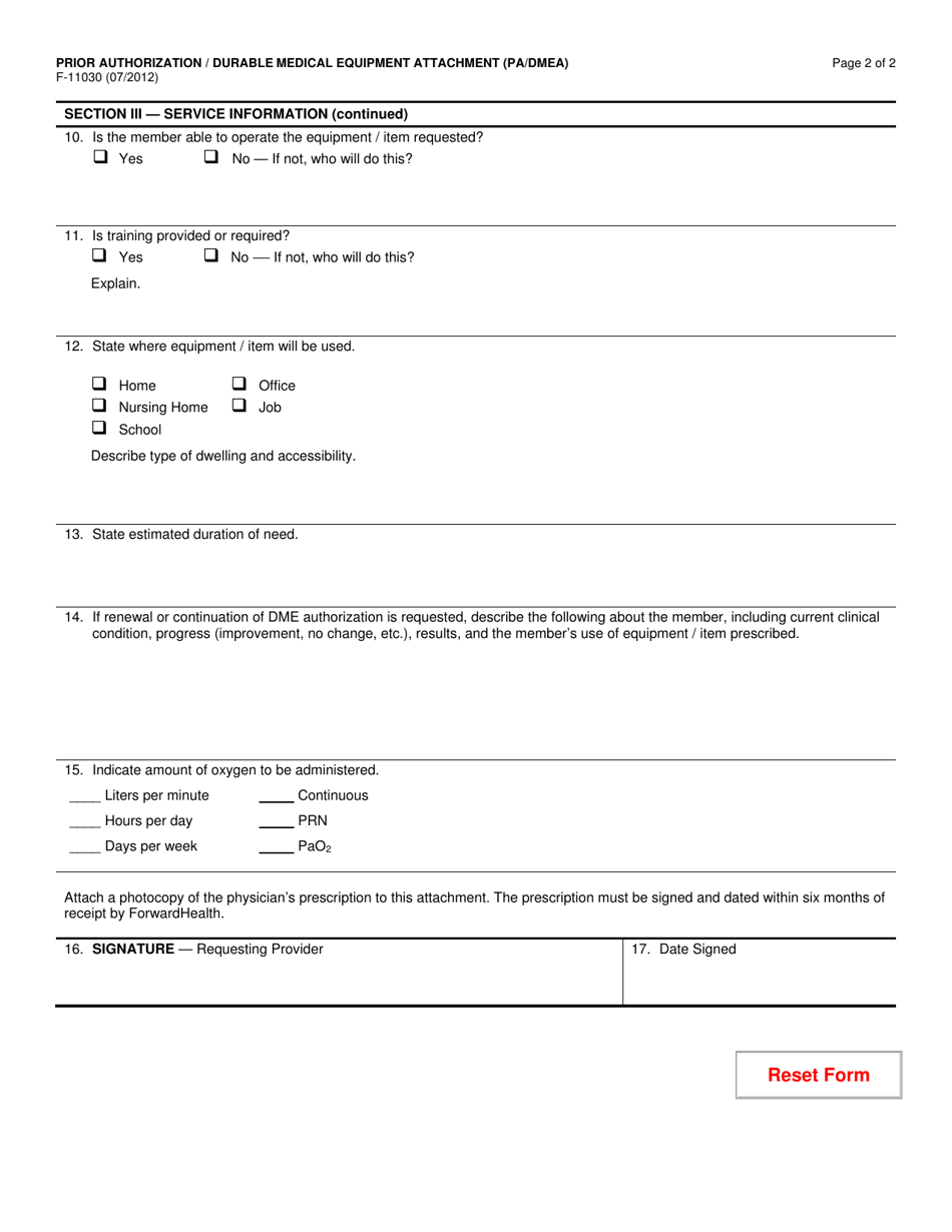 Form F-11030 Prior Authorization / Durable Medical Equipment Attachment (Pa / Dmea) - Wisconsin, Page 2
