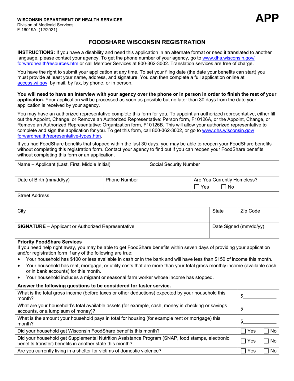 Form F16019A Download Fillable PDF or Fill Online Foodshare Wisconsin Registration, Wisconsin