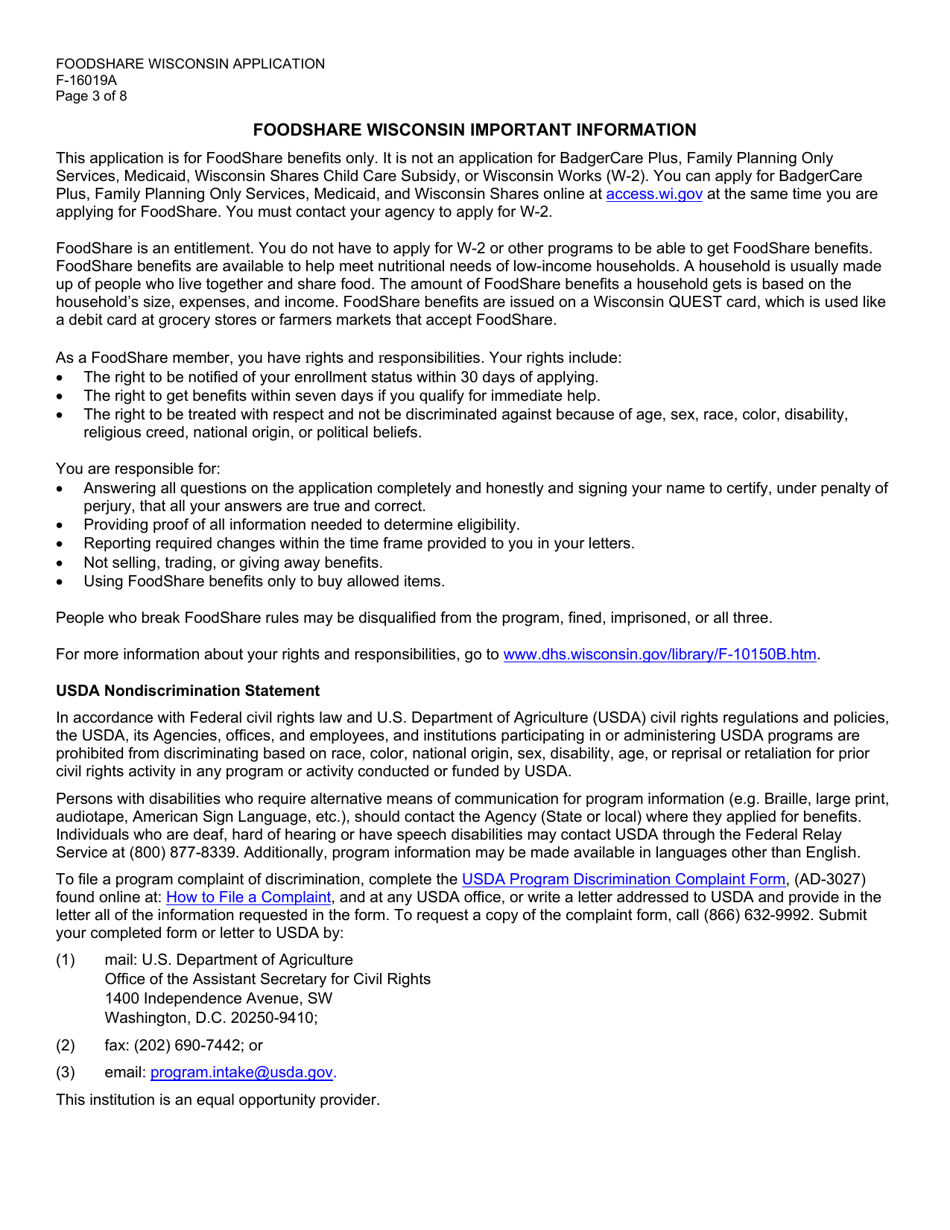 Form F-16019A Foodshare Wisconsin Registration - Wisconsin, Page 3
