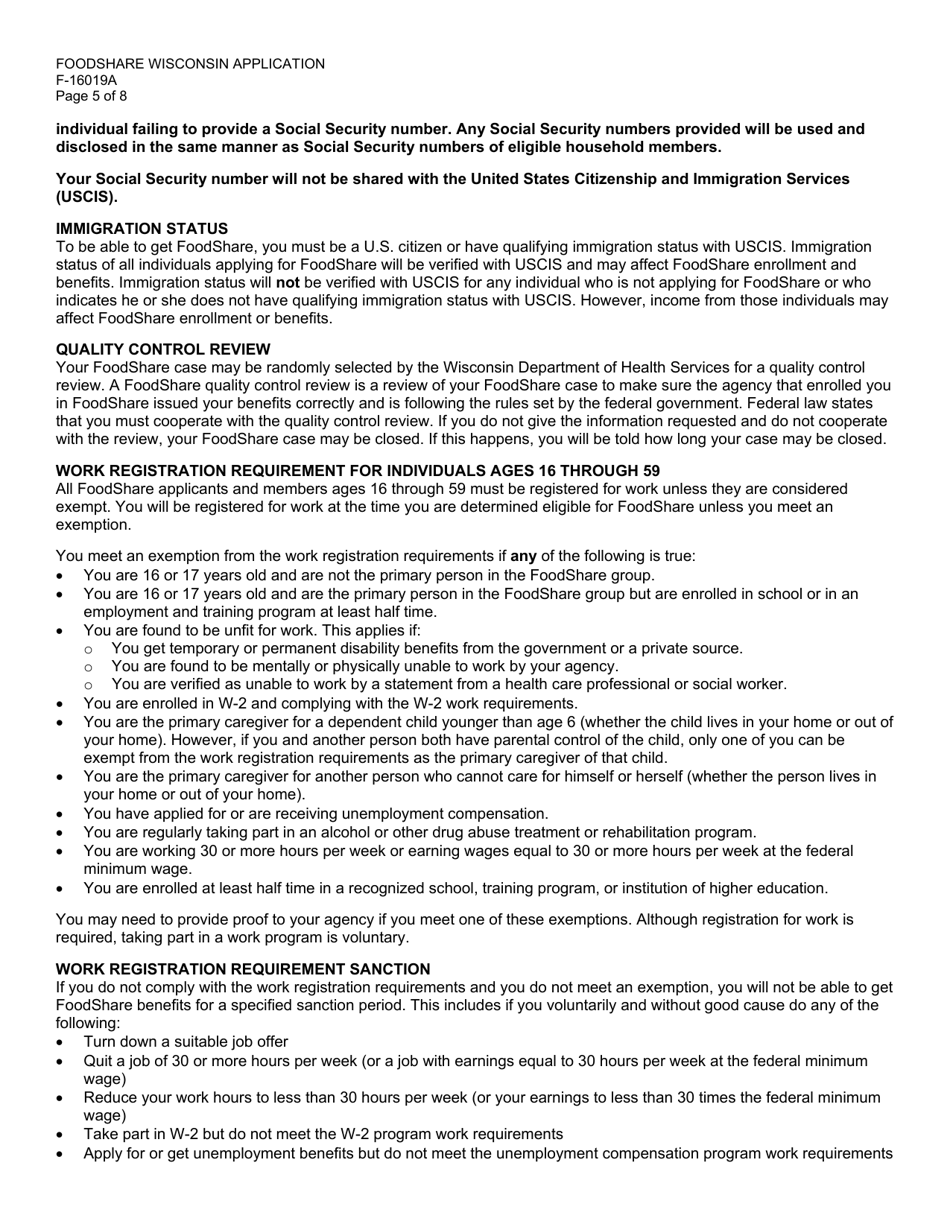 Form F-16019A Foodshare Wisconsin Registration - Wisconsin, Page 5