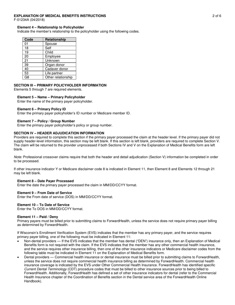 Instructions for Form F-01234 Explanation of Medical Benefits - Wisconsin, Page 2