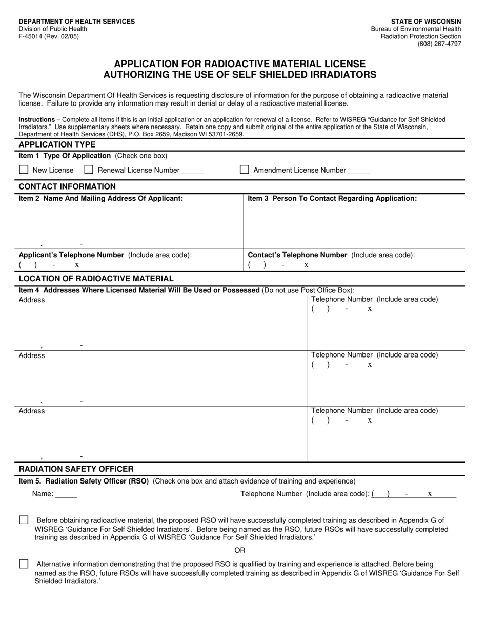 Form F-45014 Application for Radioactive Material License Authorizing the Use of Self Shielded Irradiators - Wisconsin, Page 1