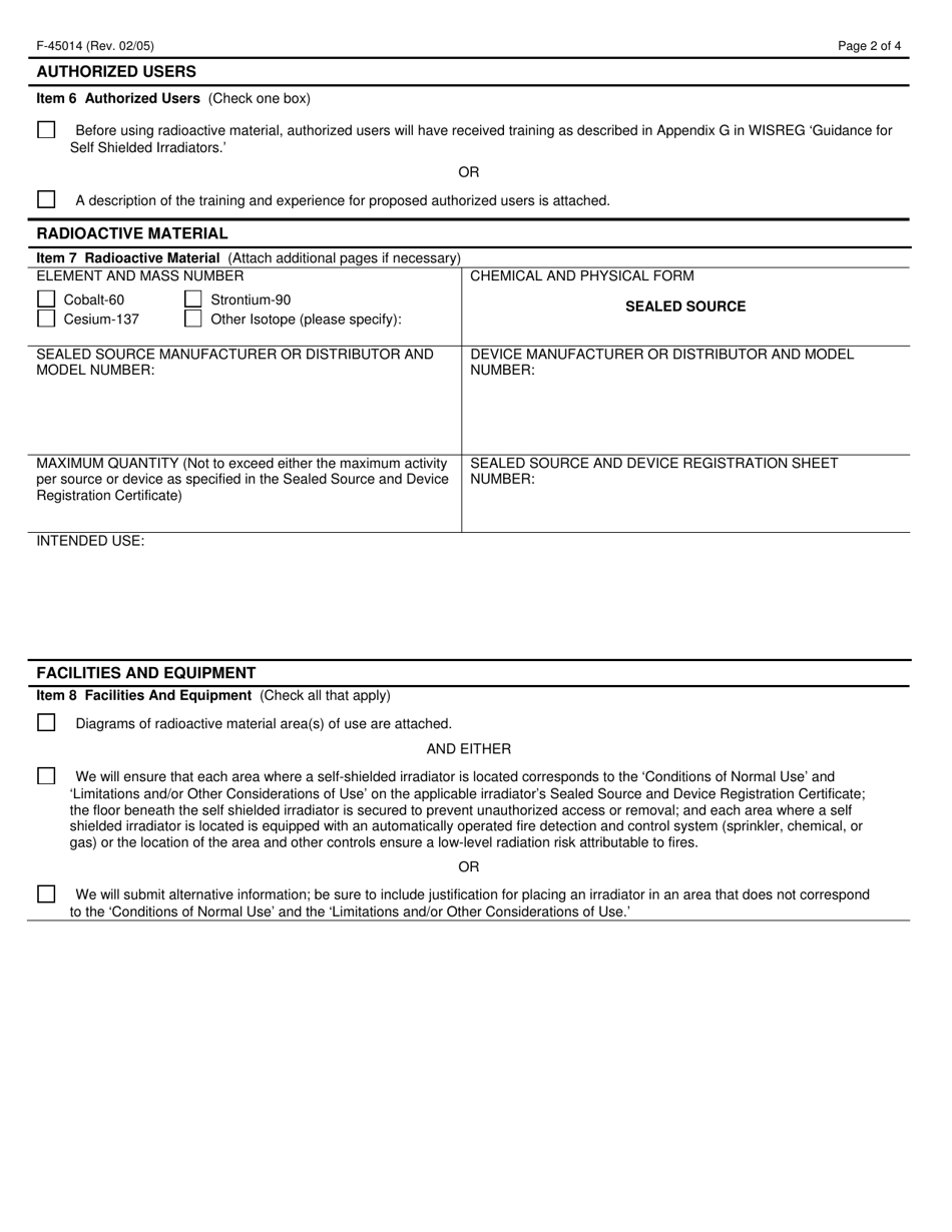Form F-45014 Application for Radioactive Material License Authorizing the Use of Self Shielded Irradiators - Wisconsin, Page 2