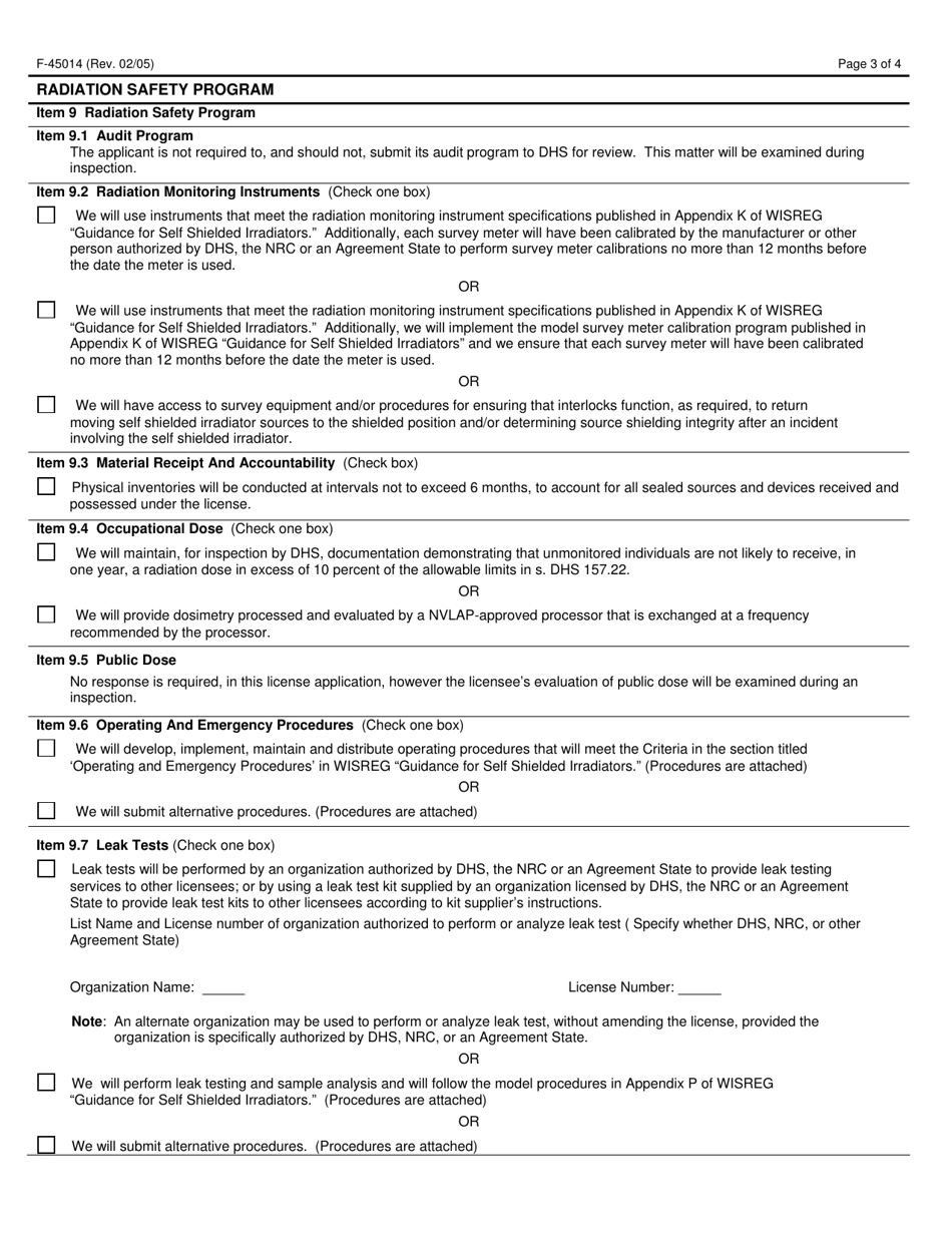 Form F-45014 Application for Radioactive Material License Authorizing the Use of Self Shielded Irradiators - Wisconsin, Page 3