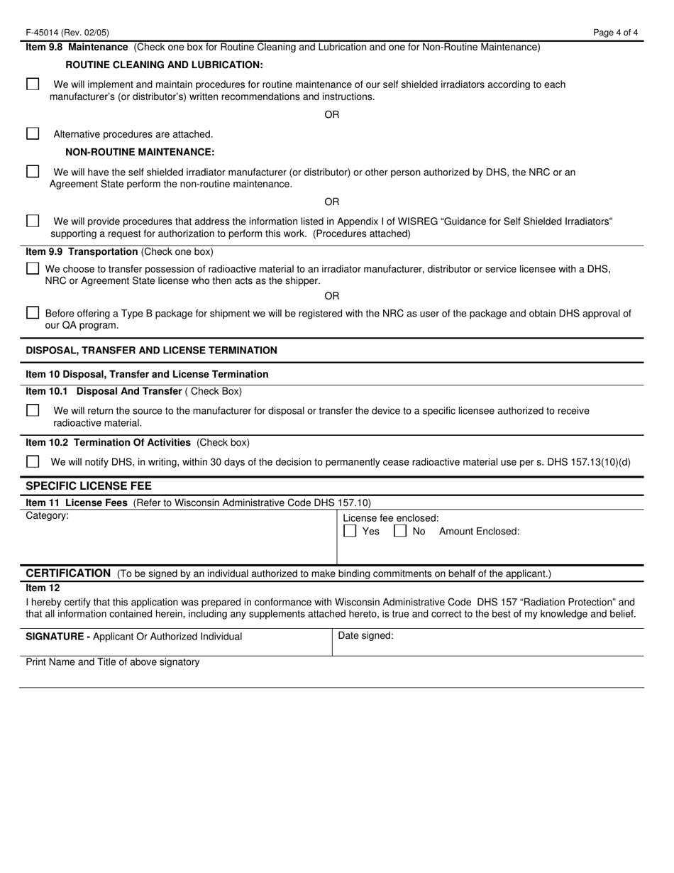 Form F-45014 Application for Radioactive Material License Authorizing the Use of Self Shielded Irradiators - Wisconsin, Page 4