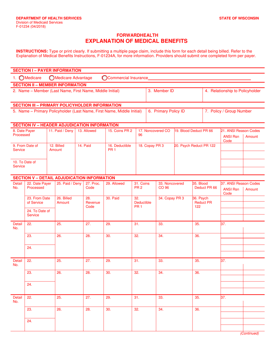 Form F-01234 Explanation of Medical Benefits - Wisconsin, Page 1