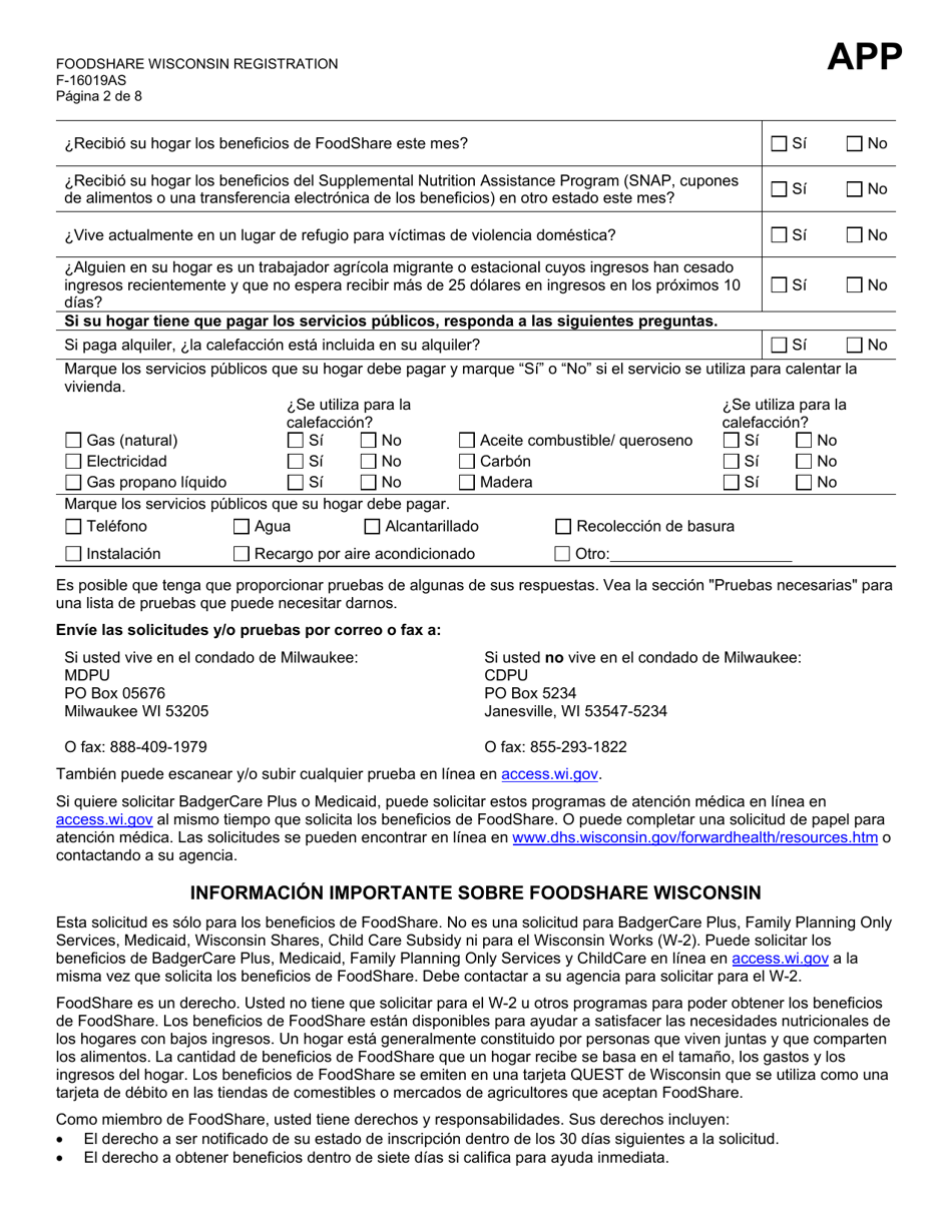 Formulario F-16019A Inscripcion De Foodshare Wisconsin - Wisconsin (Spanish), Page 2
