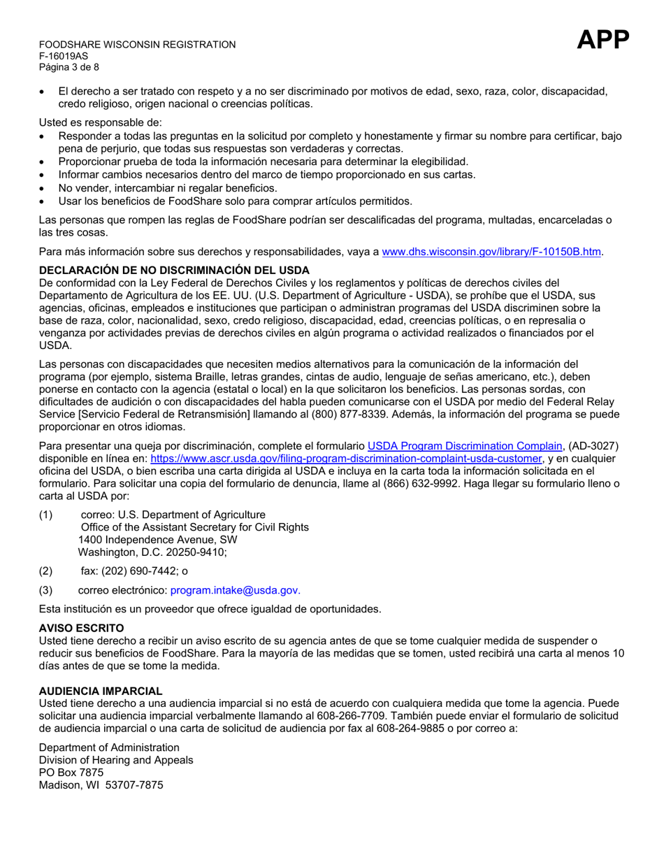 Formulario F-16019A Inscripcion De Foodshare Wisconsin - Wisconsin (Spanish), Page 3