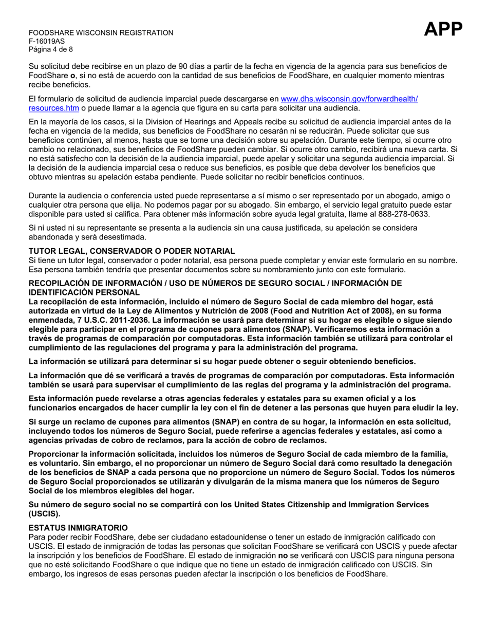 Formulario F-16019A Inscripcion De Foodshare Wisconsin - Wisconsin (Spanish), Page 4