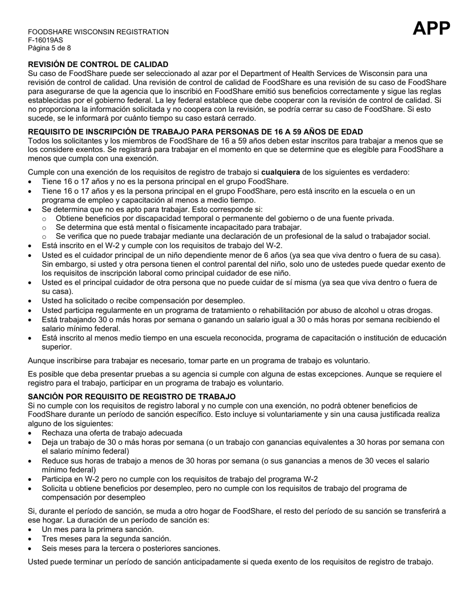 Formulario F-16019A Inscripcion De Foodshare Wisconsin - Wisconsin (Spanish), Page 5
