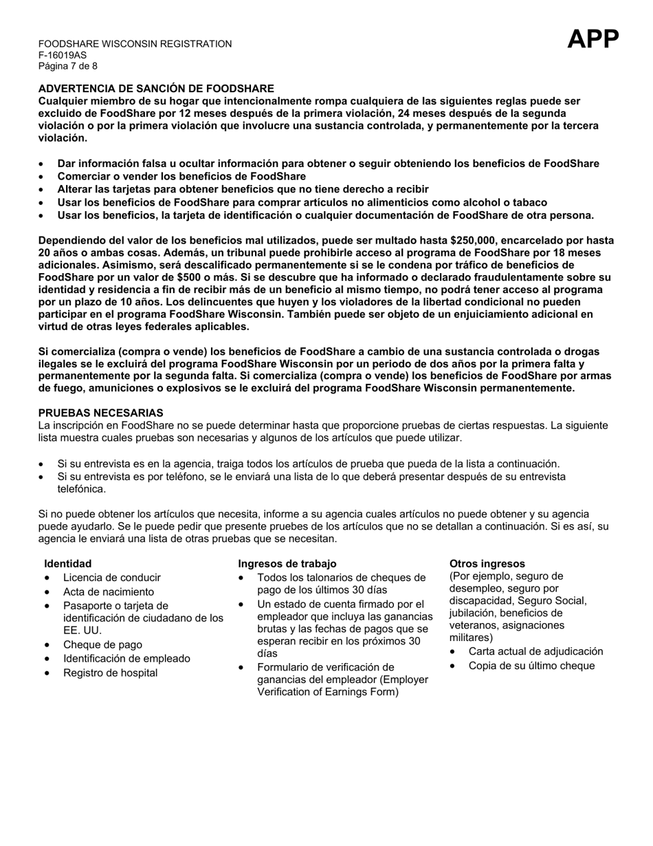 Formulario F-16019A Inscripcion De Foodshare Wisconsin - Wisconsin (Spanish), Page 7