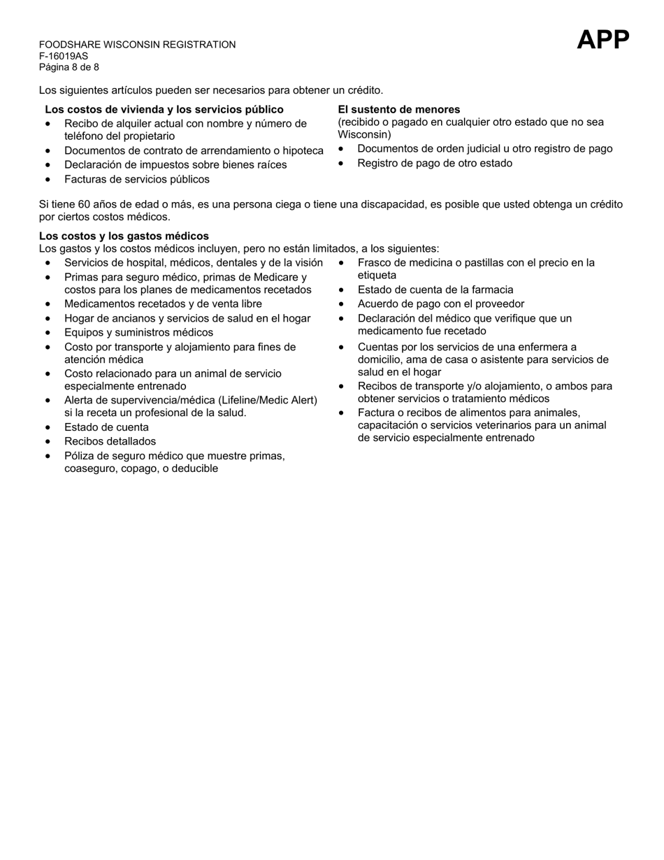 Formulario F-16019A Inscripcion De Foodshare Wisconsin - Wisconsin (Spanish), Page 8