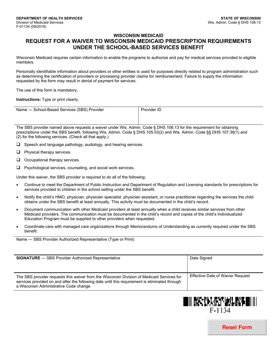 Form F-01134 Request for a Waiver to Wisconsin Medicaid Prescription Requirements Under the School-Based Services Benefit - Wisconsin, Page 1