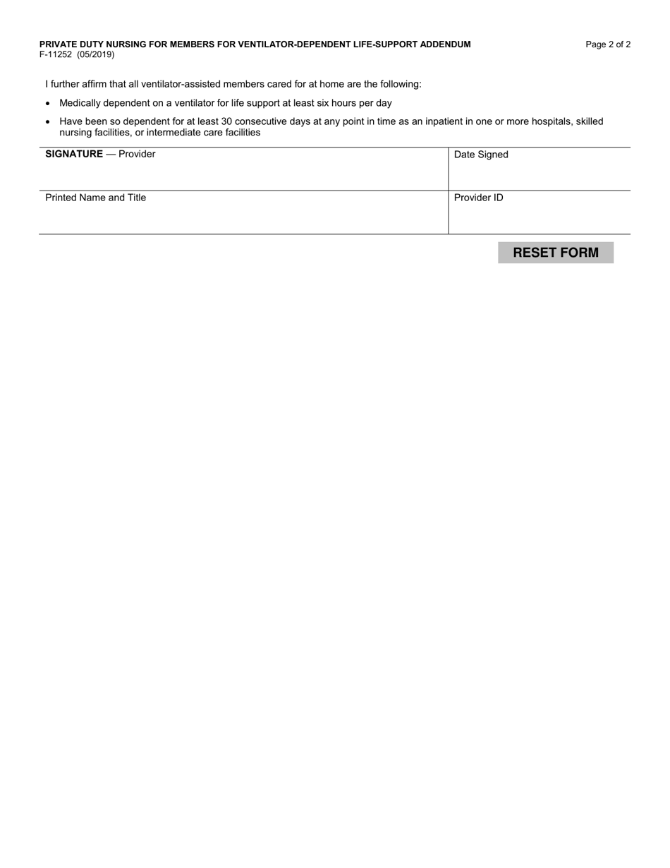 Form F-11252 Private Duty Nursing for Members for Ventilator-Dependent Life-Support Addendum - Wisconsin, Page 2