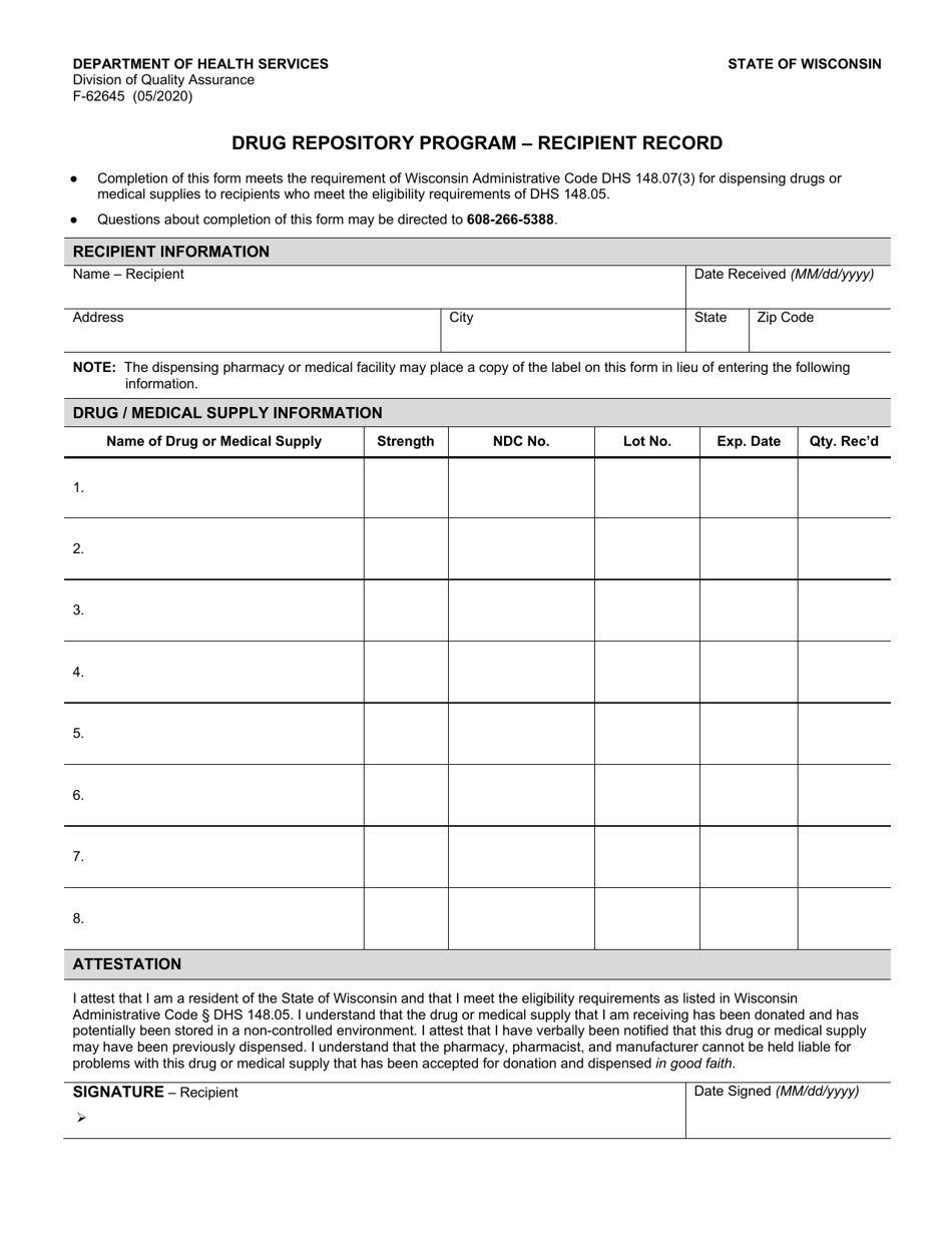 Form F-62645 Recipient Record - Drug Repository Program - Wisconsin, Page 1
