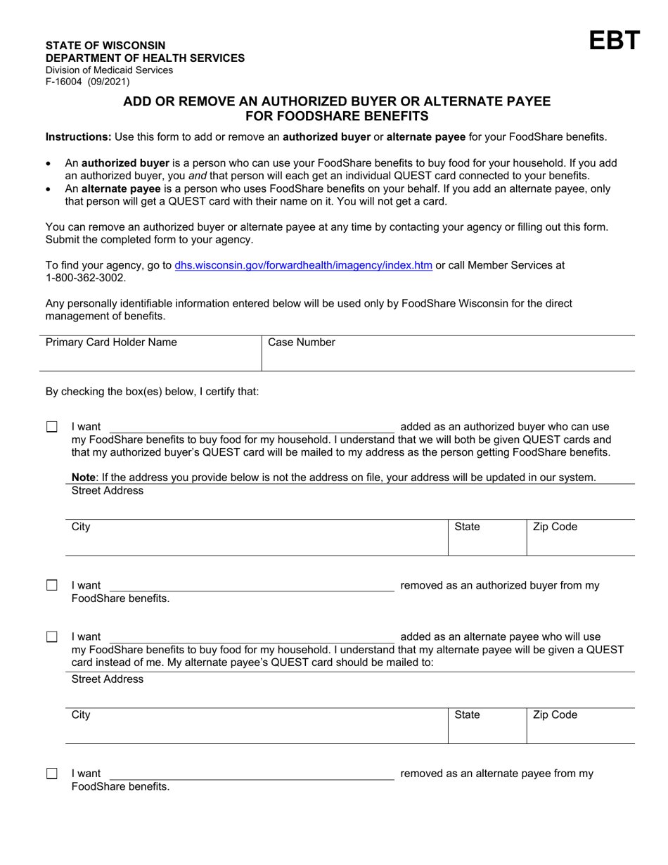 Form F-16004 Add or Remove an Authorized Buyer or Alternate Payee for Foodshare Benefits - Wisconsin, Page 1
