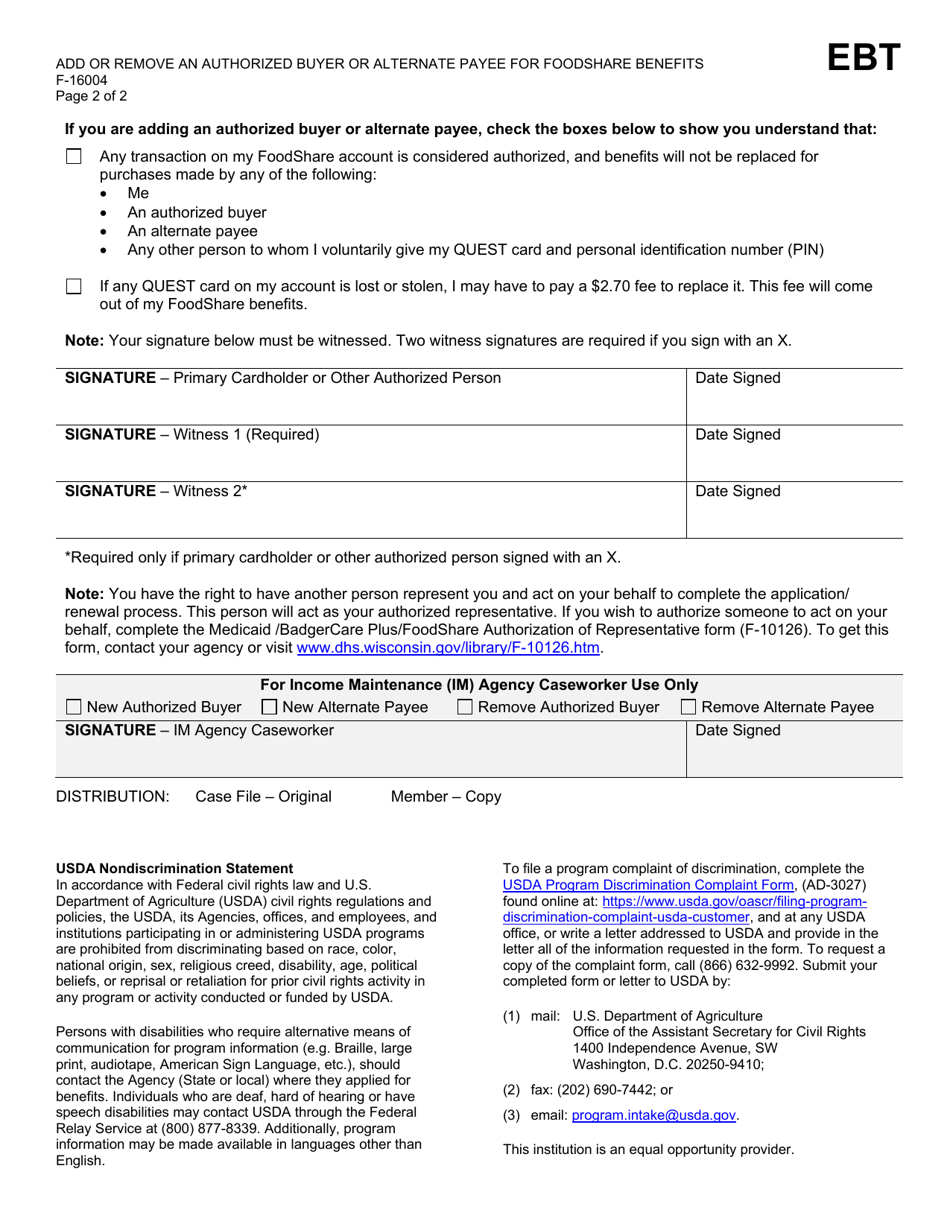 Form F-16004 Add or Remove an Authorized Buyer or Alternate Payee for Foodshare Benefits - Wisconsin, Page 2