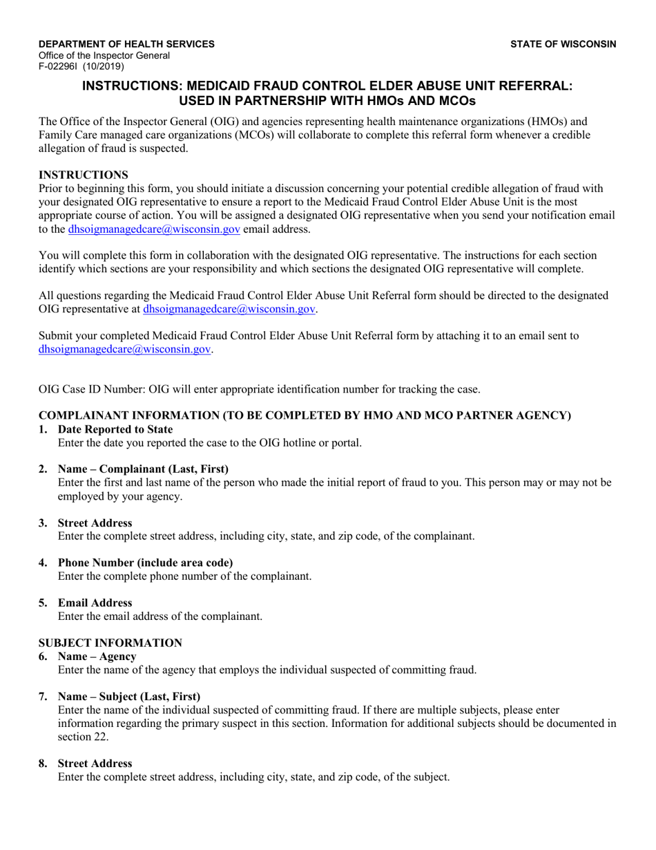 Instructions for Form F-02296 Medicaid Fraud Control Elder Abuse Unit Referral: Used in Partnership With HMOs and Mcos - Wisconsin, Page 1