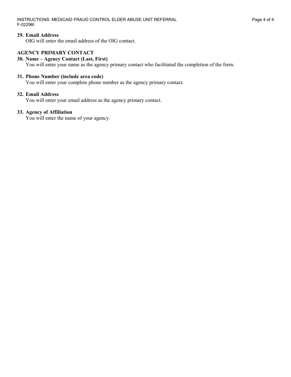 Instructions for Form F-02296 Medicaid Fraud Control Elder Abuse Unit Referral: Used in Partnership With HMOs and Mcos - Wisconsin, Page 4