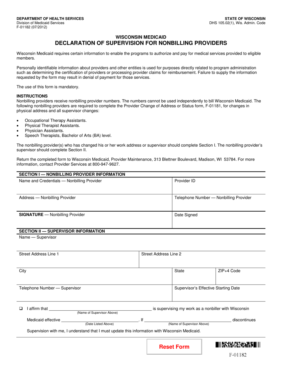 Form F-01182 Declaration of Supervision for Nonbilling Providers - Wisconsin, Page 1