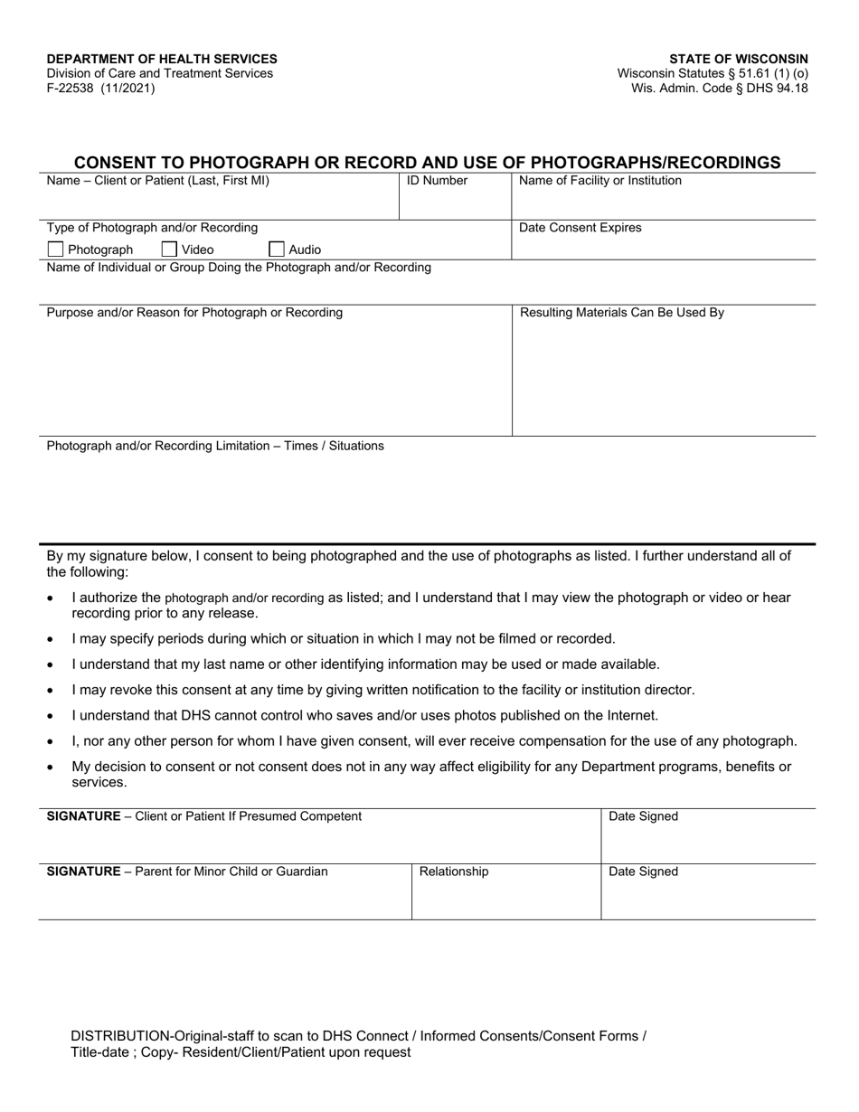 Form F-22538 Consent to Photograph or Record and Use of Photographs / Recordings - Wisconsin, Page 1