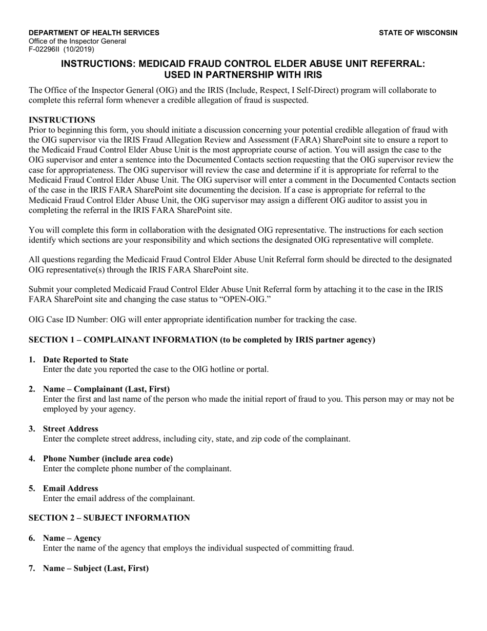 Instructions for Form F-02296 Medicaid Fraud Control Elder Abuse Unit Referral: Used in Partnership With Iris - Wisconsin, Page 1