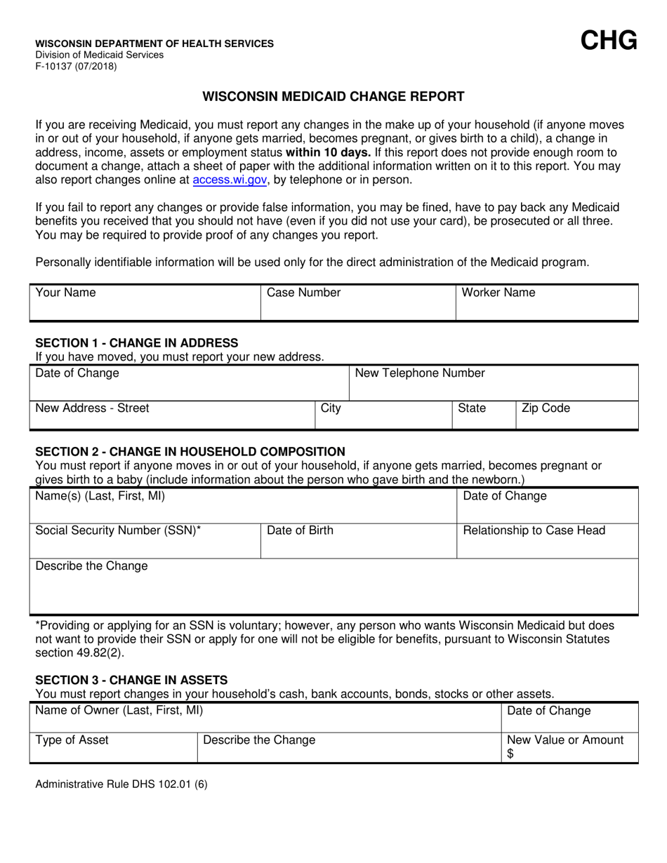 Form F-10137 Wisconsin Medicaid Change Report - Wisconsin, Page 1